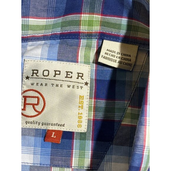 Roper Blue Plaid Short Sleeve Button-Up Shirt Men's Size L - 100% Cotton - Picture 4 of 9